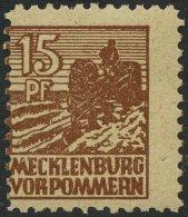 MECKLENBURG-VORPOMMERN 37zbb **, 1946, 15 Pf. Schwärzlichgelbbraun, Dünnes Papier, Etwas Dezentriert, Pracht, - Sonstige & Ohne Zuordnung