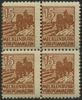 MECKLENBURG-VORPOMMERN 37ybb VB **, 1946, 15 Pf. Schwärzlichgelbbraun, Graues Papier, Im Viererblock, Pracht, Gepr. - Sonstige & Ohne Zuordnung