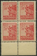 MECKLENBURG-VORPOMMERN 36zz VB **, 1946, 12 Pf. Rot, Dünnes Papier, Diagonal Genetzte Gummierung, Im Viererblock Vo - Sonstige & Ohne Zuordnung