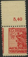 MECKLENBURG-VORPOMMERN 36zf **, 1946, 12 Pf. Dunkelrosa, Dünnes Papier, Oberrandstück, Dezentriert, Pracht, Ge - Sonstige & Ohne Zuordnung