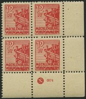 MECKLENBURG-VORPOMMERN 36zbDZ **, 1946, 12 Pf. Rot, Dünnes Papier, Glatter Gummi, Im Eckrandviererblock Mit Drucker - Otros & Sin Clasificación