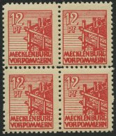 MECKLENBURG-VORPOMMERN 36zb VB **, 1946, 12 Pf. Rot, Dünnes Papier, Im Viererblock, Dabei Plattenfehler 36III, Prac - Sonstige & Ohne Zuordnung