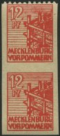 MECKLENBURG-VORPOMMERN 36yeU,Udr **, 1946, 12 Pf. Orangerot, Graues Papier, Im Senkrechten Paar, Ungezähnt, Obere M - Sonstige & Ohne Zuordnung