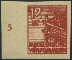 MECKLENBURG-VORPOMMERN 36ydU **, 1946, 12 Pf. Braunrot, Graues Papier, Ungezähnt, Linkes Randstück, Pracht, Fo - Sonstige & Ohne Zuordnung