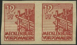 MECKLENBURG-VORPOMMERN 36ydU Paar **, 1946, 12 Pf. Braunrot, Graues Papier, Ungezähnt, Im Waagerechten Paar, Diagon - Sonstige & Ohne Zuordnung