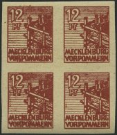 MECKLENBURG-VORPOMMERN 36ydU VB **, 1946, 12 Pf. Braunrot, Graues Papier, Ungezähnt, Im Viererblock, Pracht, R!, Fo - Otros & Sin Clasificación