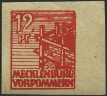 MECKLENBURG-VORPOMMERN 36ybU **, 1946, 12 Pf. Rot, Graues Papier, Ungezähnt, Pracht, Gepr. Kramp, Mi. 60.- - Sonstige & Ohne Zuordnung