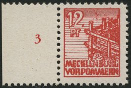 MECKLENBURG-VORPOMMERN 36xcc **, 1946, 12 Pf. Schwärzlichgraurot, Kreidepapier, Linkes Randstück, Pracht, Gepr - Sonstige & Ohne Zuordnung