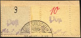 GROSSRÄSCHEN 6S BrfStk, 1945, 10 Pf. Auf Gelb Mit Seitenrändern, Mit 3 Pf. Zusatzfrankatur (Mi.Nr. 1) Auf Brie - Privatpost