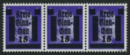 GLAUCHAU 5aDDV **, 1945, 15 Auf 6 Pf. Lebhaftblauviolett Doppelaufdruck Im Waagerechten Dreierstreifen, Ein Wert Mit Aba - Private & Local Mails