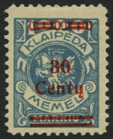 MEMELGEBIET 229 *, 1923, 30 C. Auf 1000 M. Grünlichblau, Kleiner Falzrest, üblich Gezähnt Pracht, Mi. 80. - Memel (Klaipeda) 1923