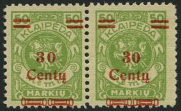 MEMELGEBIET 226I,II **, 1923, 30 C. Auf 50 M. Gelbgrün, Type I Und II Zusammen Im Waagerechten Paar, Postfrisch Pra - Memelgebiet 1923