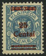 MEMELGEBIET 221 *, 1923, 25 C. Auf 1000 M. Grünlichblau, Fast Postfrisch, Pracht, Mi. 80.- - Memelgebiet 1923