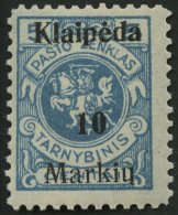 MEMELGEBIET 129I **, 1923, 10 M. Auf 5 C. Grünlichblau, Aufdruck Ohne (Memel) Und Doppelbalken, Postfrisch, Pracht, - Memel (Klaïpeda) 1923