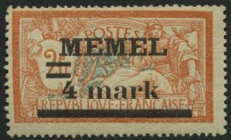 MEMELGEBIET 31yIPF Ia **, 1920, 4 M. Auf 2 Fr. Rötlichorange/hellgrünlichblau, Type I, Mit Abart Querbalken De - Memelgebiet 1923