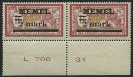 MEMELGEBIET 28yBru **, 1920, 2 M. Auf 1 Fr. Lebhaftbräunlichkarmin/grünlichgelb, Unterrandpaar Mit Druckdatum, - Memel (Klaipeda) 1923