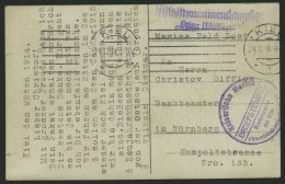 MSP VON 1914 - 1918 (Hilfsstreuminendampfer PRINZ ADALBERT), 22.12.1914, Violetter Briefstempel, Feldpost-Ansichtskarte - Maritime