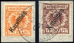 KAROLINEN 5a,6II BrfStk, 1900, 25 Und 50 Pf. Steiler Aufdruck, 2 Prachtbriefstücke, Mi. 140.- - Islas Carolinas