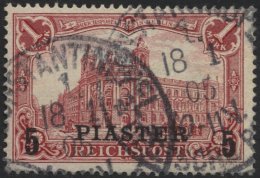 DP TÜRKEI 20IIPFII O, 1903, 5 PIA. Auf 1 M., Aufdruck Type II, Mit Plattenfehler Farbstrich Vom Rechten Fenster Im - Deutsche Post In Der Türkei