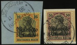 DP IN MAROKKO 38,41 BrfStk, 1911, 30 C. Auf 25 Pf. Und 60 C. Auf 50 Pf., Mit Wz., 2 Briefstücke Mit Stempel KK, Pra - Deutsche Post In Marokko
