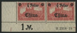 DP CHINA 44IIBR HAN **, 1919, 1/2 D. Auf 1 M., Mit Wz., Kriegsdruck, Aufdruck Glänzend, Im Waagerechten Paar Aus De - Deutsche Post In China