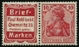 ZUSAMMENDRUCKE W 3.10 **, 1911, Briefmarken Kohl + 10 Pf., üblich Gezähnt Pracht, Mi. 1200.- - Zusammendrucke