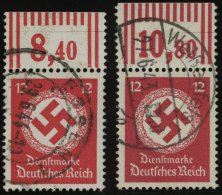 DIENSTMARKEN D 172a,bWOR O, 1944, 12 Pf., Beide Farben, Ohne Wz., Walzendruck, 2 Oberrandstücke, Pracht (1x Rü - Dienstmarken