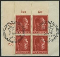 Dt. Reich 664 VB BrfStk, 1938, 12 Pf. Hitler, Linker Oberer Eckrandviererblock, Sonderstempel, Prachtbriefstück - Sonstige & Ohne Zuordnung
