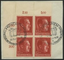 Dt. Reich 664 VB BrfStk, 1938, 12 Pf. Hitler, Linker Oberer Eckrandviererblock, Sonderstempel, Prachtbriefstück - Otros & Sin Clasificación