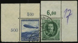 Dt. Reich 606Y,608 O, 1936, 50 Pf. Hindenburg, Wz. Y Und 6 Pf. Guericke, 2 Obere Bogenecken, Pracht - Autres & Non Classés