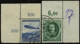 Dt. Reich 606Y,608 O, 1936, 50 Pf. Hindenburg, Wz. Y Und 6 Pf. Guericke, 2 Obere Bogenecken, Pracht - Otros & Sin Clasificación