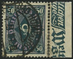 Dt. Reich 209PY O, 1922, 50 M. Schwarzbläulichgrün, Wz. Kreuzblüten, Vom Rechten Rand, Pracht, Gepr. Pesc - Gebraucht