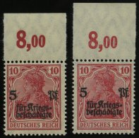 Dt. Reich 105aPOR **, 1919, 10 Pf. Rot Kriegsgeschädigte, Plattendruck, Oberrandstück, 2 Verschiedene Nuancen, - Otros & Sin Clasificación