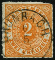 WÜRTTEMBERG 37b O, GRUNBACH, K1 Auf 2 Kr. Tieforange, Kleine Eckfehler Sonst Pracht, R!, Mi. (300.-) - Sonstige & Ohne Zuordnung