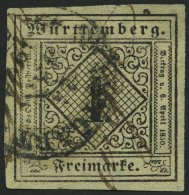 WÜRTTEMBERG 1yb O, 1851, 1 Kr. Schwarz Auf Mittelgraugelbem Seidenpapier, Feinst, Gepr. Thoma, Mi. 300.- - Other & Unclassified