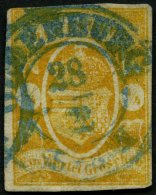 OLDENBURG 9 O, 1861, 1/4 Gr. Dunkelgelborange, Zentrischer Blauer K2 OLDENBURG, Bis Auf Die Linke Obere Ecke Voll-breitr - Oldenbourg