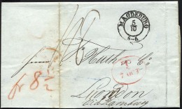 HAMBURG 1842, T 7 OCT, Rote Sonderform Auf Brief Von Magdeburg (K2) Via Hamburg Nach London, Rückseitiger Durchgang - Prephilately