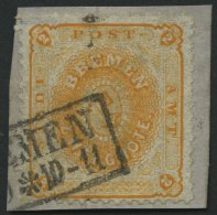 BREMEN 10a BrfStk, 1867, 2 Gr. Dunkelgelblichorange Auf Briefstück, Senkrechter Bug Und Kleine Korrektur, Feinst, M - Brême