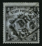 BREMEN 6x O, 1864, 3 Gr. Schwarz Auf Graublau, Senkrecht Gestreiftes Papier, Repariert, Bildseitig Pracht, Signiert, Mi. - Brême