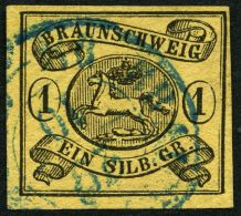 BRAUNSCHWEIG 6aY O, 1853, 1 Sgr. Schwarz Auf Sämisch, Wz. Mundstück Nach Links, Pracht, Mi. 120.- - Braunschweig