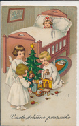 F. BAUMGARTEN?? CHRISTMAS ANGELS, GIFTS, TOYS, TREE, BABY GIRL IN BED, EX Cond. PC, Used 1932, NO SIGN. - Baumgarten, F.