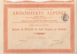 ACTION DE PRIORITE DE CENT FRANCS DIVISE EN 1570 ACTIONS  - ARDOISIERES ALPINES  - ANNEE 1909- - Miniere