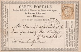 Yvert 55 Cérès Carte Précurseur ST ETIENNE Loire 1/10/1875 GC 3581 Pour Grenoble Isère - Precursor Cards