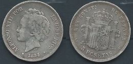 ESPAGNA SPANIEN SPAIN ESPAÑA 1894 PGM ALFONSO XIII 5 PESETAS SILVER PLATA - Collections