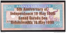 SOMALILAND   P11a  50   SHILLINGS  18.5.1996 BRONZE  OVERPRINT  UNC. - Somalië