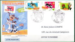 1 FDC . - Fête Du Timbre - Les Looney Tunes Des Studios Varner Bros  3 TP Se Tenant - Le 28/02/2009 à Tonnerre (89) - Bandes Dessinées