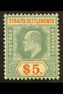 1904-10 $5 Dull Green & Brown-orange, Wmk Mult Crown CA, SG 138, Very Fine Mint. For More Images, Please Visit... - Straits Settlements