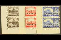 1955-57 NHM TYPE II "Castles" High Values Type II Opt'd, SG 107a/09a, CORNER Vertical Pairs, Never Hinged Mint.... - Kuwait