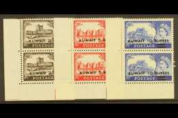 1955-57 NHM TYPE II "Castles" High Values Type II Opt'd, SG 107a/09a, CORNER Vertical Pairs, Never Hinged Mint.... - Koweït