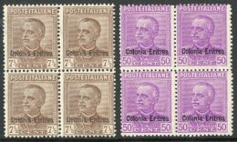 1928 - 9 7½c Brown And 50c Lilac Ovptd "Colonia Italiana", Sass S33, In Superb Blocks Of 4, 2NH, 2 Og. (8... - Eritrea